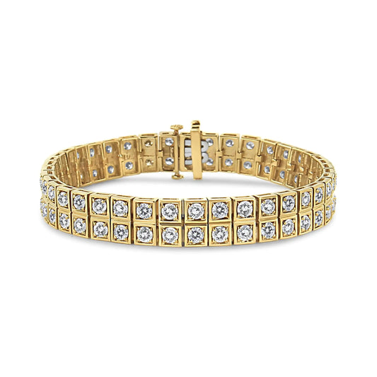 Pulsera de tenis de oro amarillo de 14 quilates con diamantes de talla redonda de 8,00 quilates, estilo art déco, con dos filas de eslabones cuadrados (color JK, claridad I1-I2) - 18,3 cm