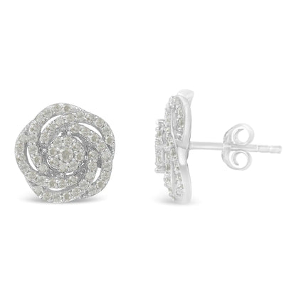 Aretes de oro blanco de 10 k con diamantes de talla rosa y racimo floral (1 ct, color IJ, claridad I2-I3)