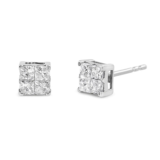 10K White Gold 1.00 cttw Invisible Set Princess-Cut Diamond Composite Square Shape Stud Earrings (G-H Color, I2-I3 Clarity)