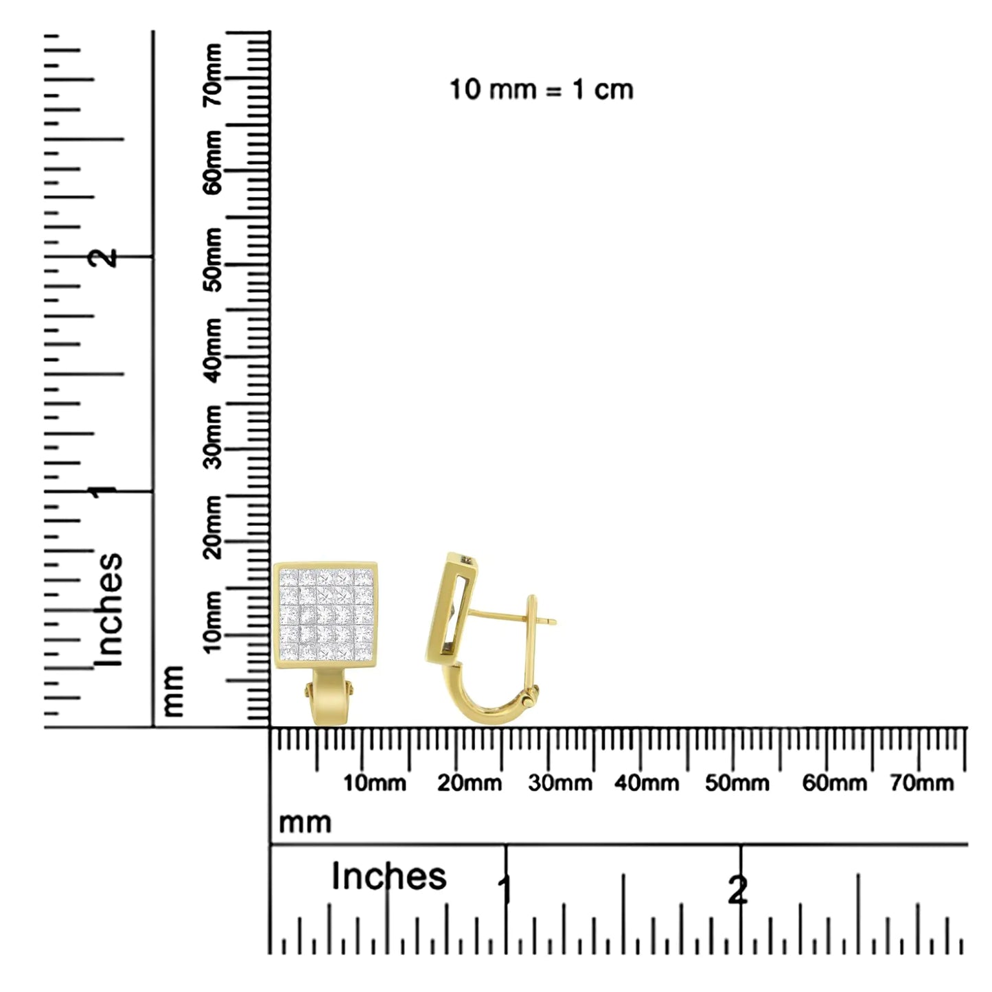 Aretes tipo botón de oro amarillo de 14 quilates con diamantes de talla princesa de 3-1/5 quilates y cierre omega, con engaste invisible de cuadrícula cuadrada de ¾ (color GH, claridad VS1-VS2)