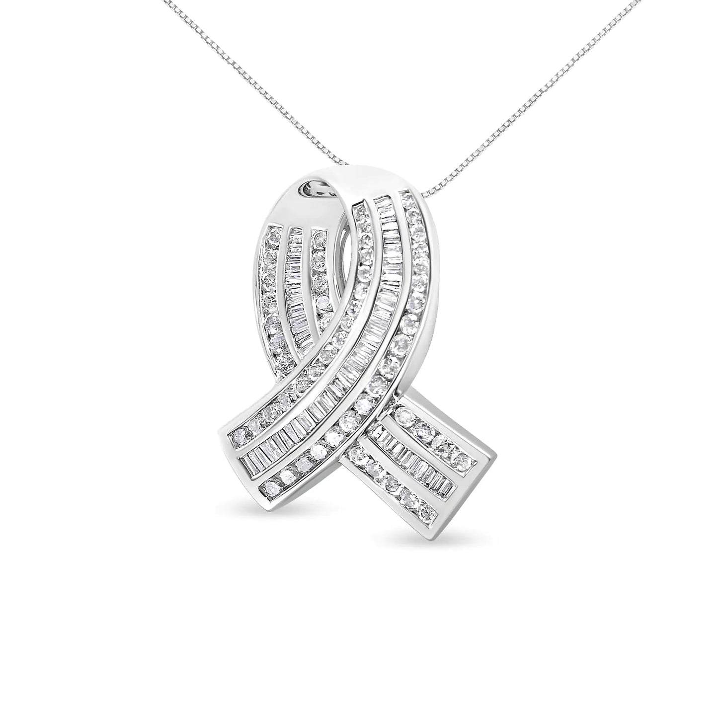 14K hvitt gull 2 ​​5/8 Cttw kanalsett Rund og Baguette Diamond Awareness Ribbon Pendant (HI Color, I1-I2 Clarity) - kjede ikke inkludert