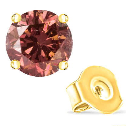 14K Gold 4-Prong Set Round Brilliant-Cut Pink Diamond Solitaire Stud Earrings (Treated Pink Color, VS2-SI1 Clarity)