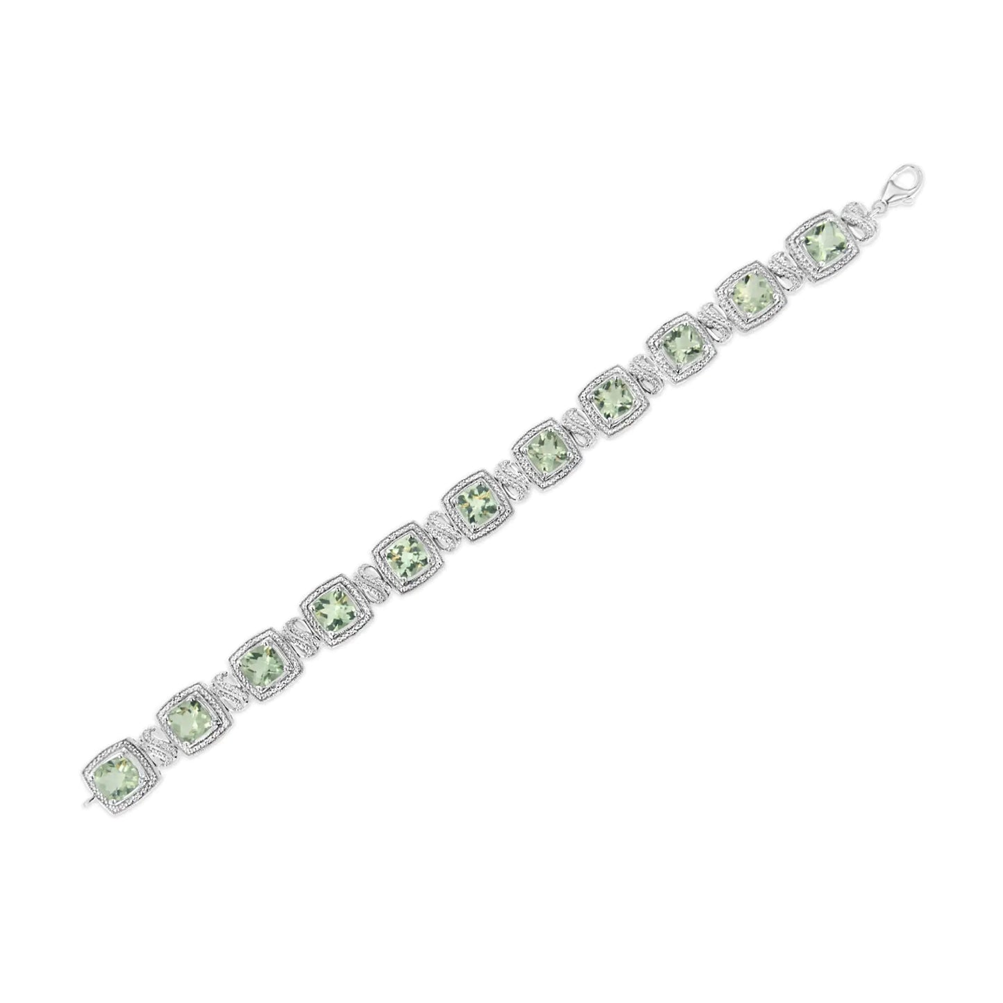 Pulsera de tenis de plata de ley 925 con amatista verde de talla cojín de 7 x 7 mm y diamante de talla única de 1/10 ct. de forma cuadrada (color IJ, claridad I1-I2) - 18 cm