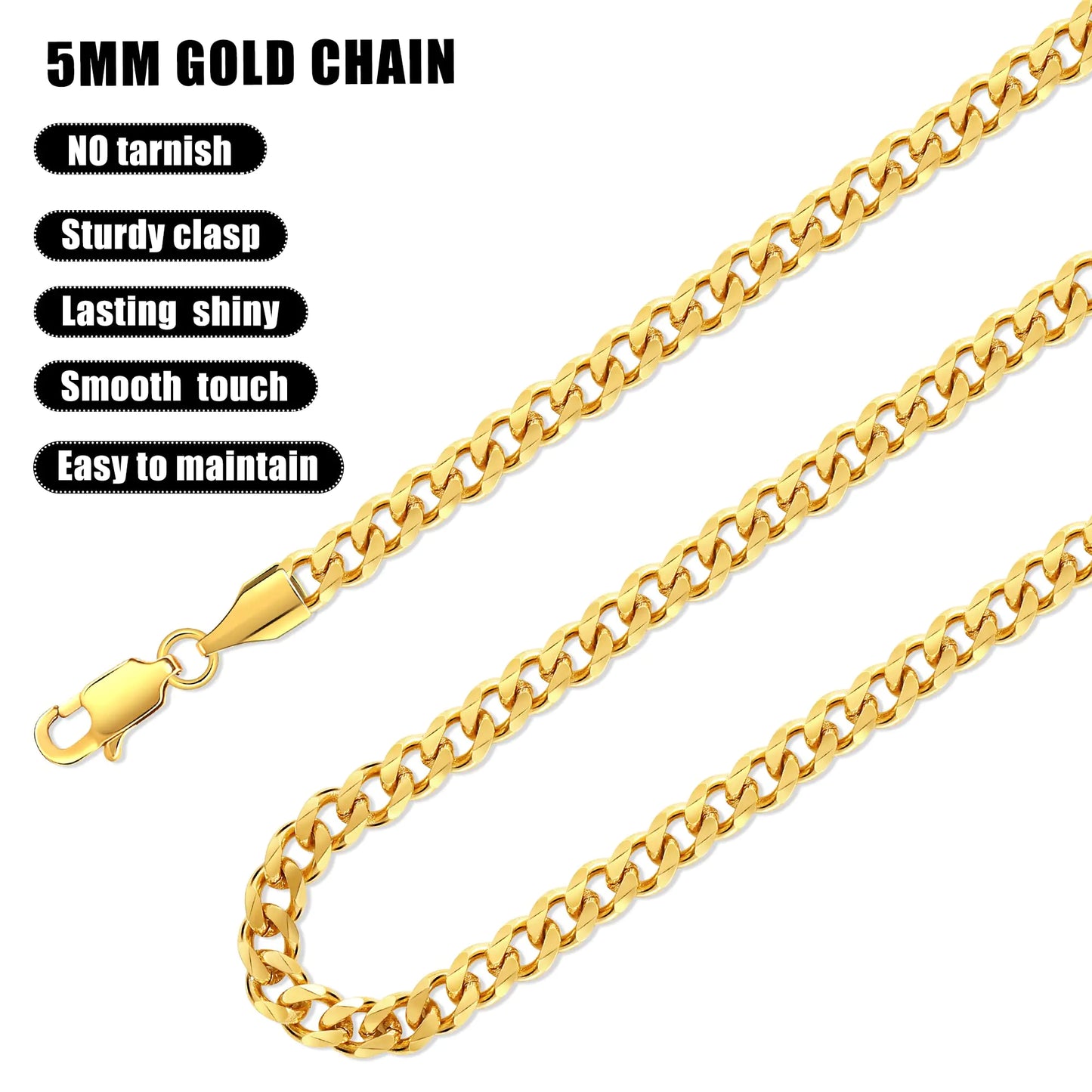 Fiusem 3.5mm Silver Tone/Black/14K Gold Plated Chains for Men, Mens Necklace Chains Stainless Steel Cuban Link Chain Necklace for Men, Mens Chain 16, 18, 20, 22, 24, 26, 28 Inch 28 inches 5mm gold