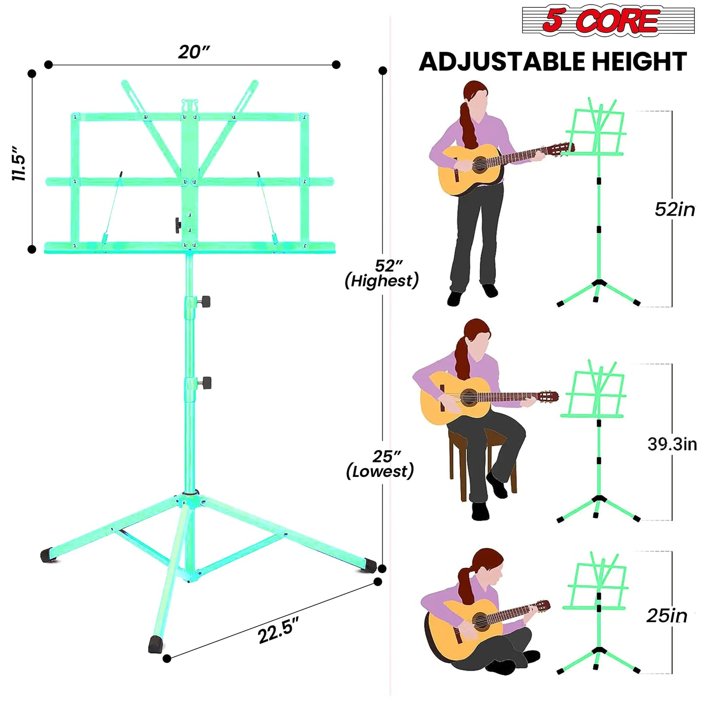 Atril de 5 núcleos para partituras, trípode portátil, ajustable y plegable, color verde