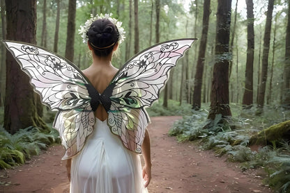 Fairy Wings for voksne og jenter， Fairy-kostymesett med blomsterkrans, eventyrhårglitter, tryllestav og alveører – 19"x24" organza sommerfuglvinger – ideell for cosplay, fest, svart