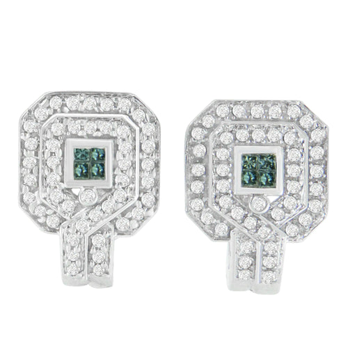 Aretes de oro blanco de 14 quilates con diamantes azules tratados de talla princesa y redonda de 1 quilate (HI, SI1-SI2)