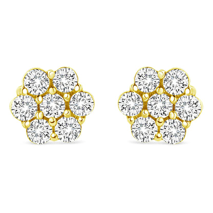 Aretes de oro amarillo de 14 quilates con diamantes redondos de talla brillante de 1/2 ct y cierre de rosca en racimo floral (color IJ, claridad SI2-I1)