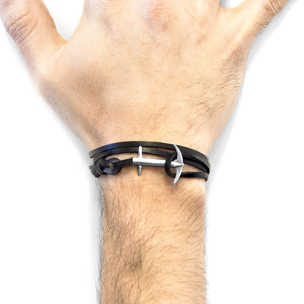 Admiral Anchor Silver and Flat Leather Bracelet - Coal Black