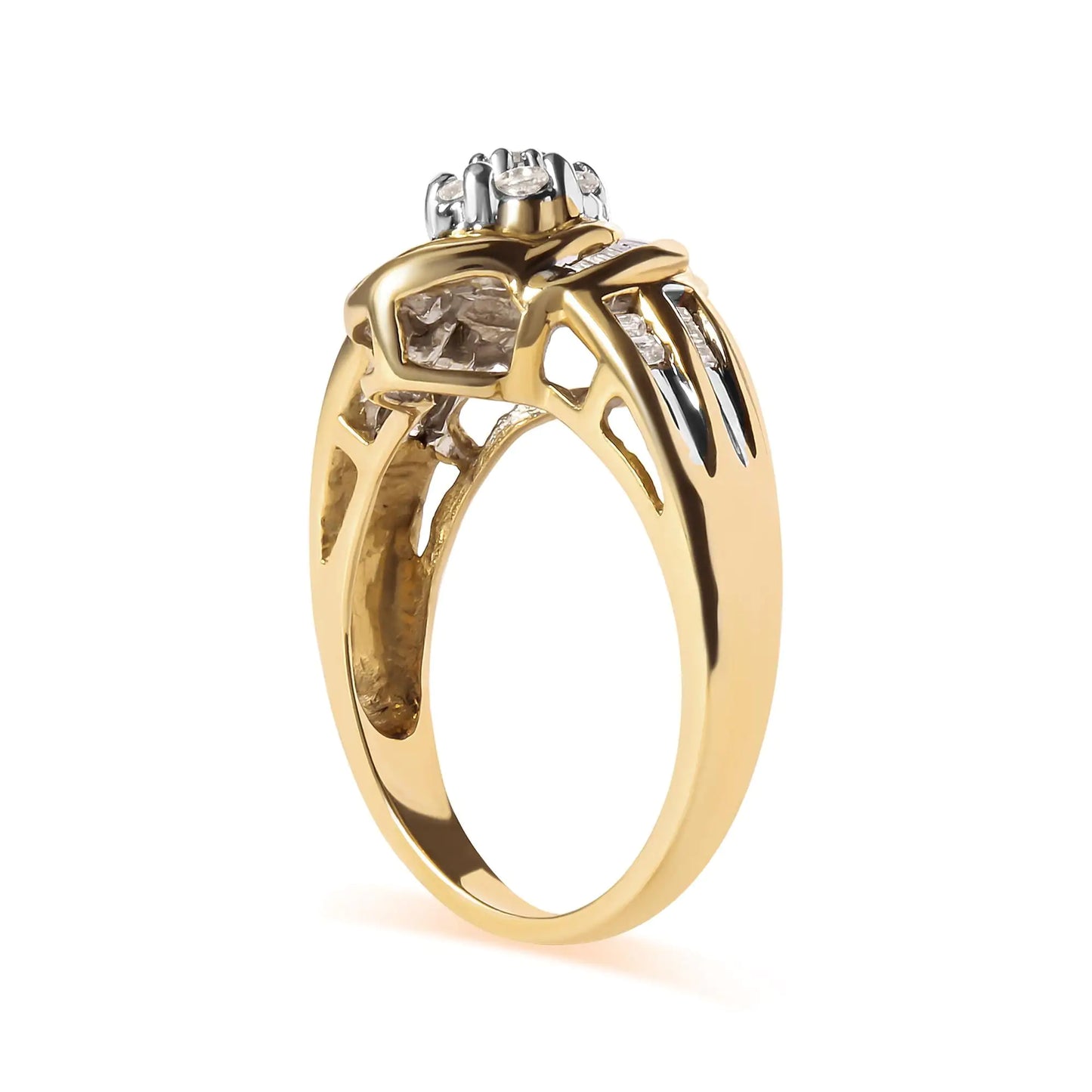 10K Yellow Gold 1/2 Cttw Round and Baguette Diamond Flower Swirl Cocktail Ring (I-J Color, SI2-I1 Clarity)