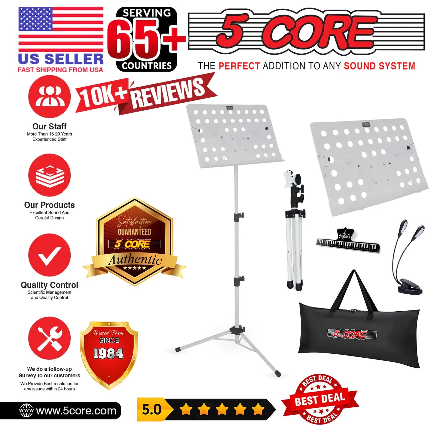 5Core Music Stand For Sheet Music Portable Tripod Adjustable Folding Note Holder White