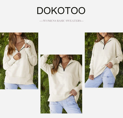 Dokotoo Dame Casual Oversized Half Zip Sweaters Langermet Ensfarget Pullover Jakker med lommer Medium Beige