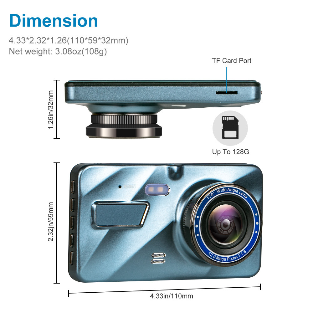 HD 1080P Dual Dashcam 4" Recorder mit Nachtsicht