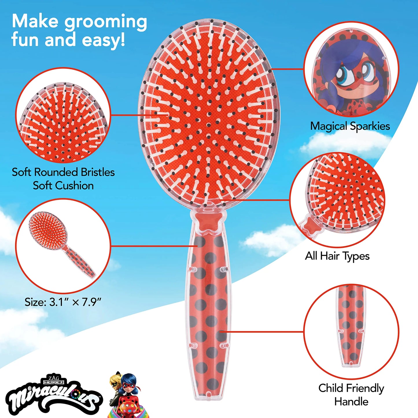 Miraculous Hair Brush with Magical Sparkling Stars Ladybug Confetti Hair Brush - Kids Hair Brush Ages 3+ Red Red Ladybug Hair Brush