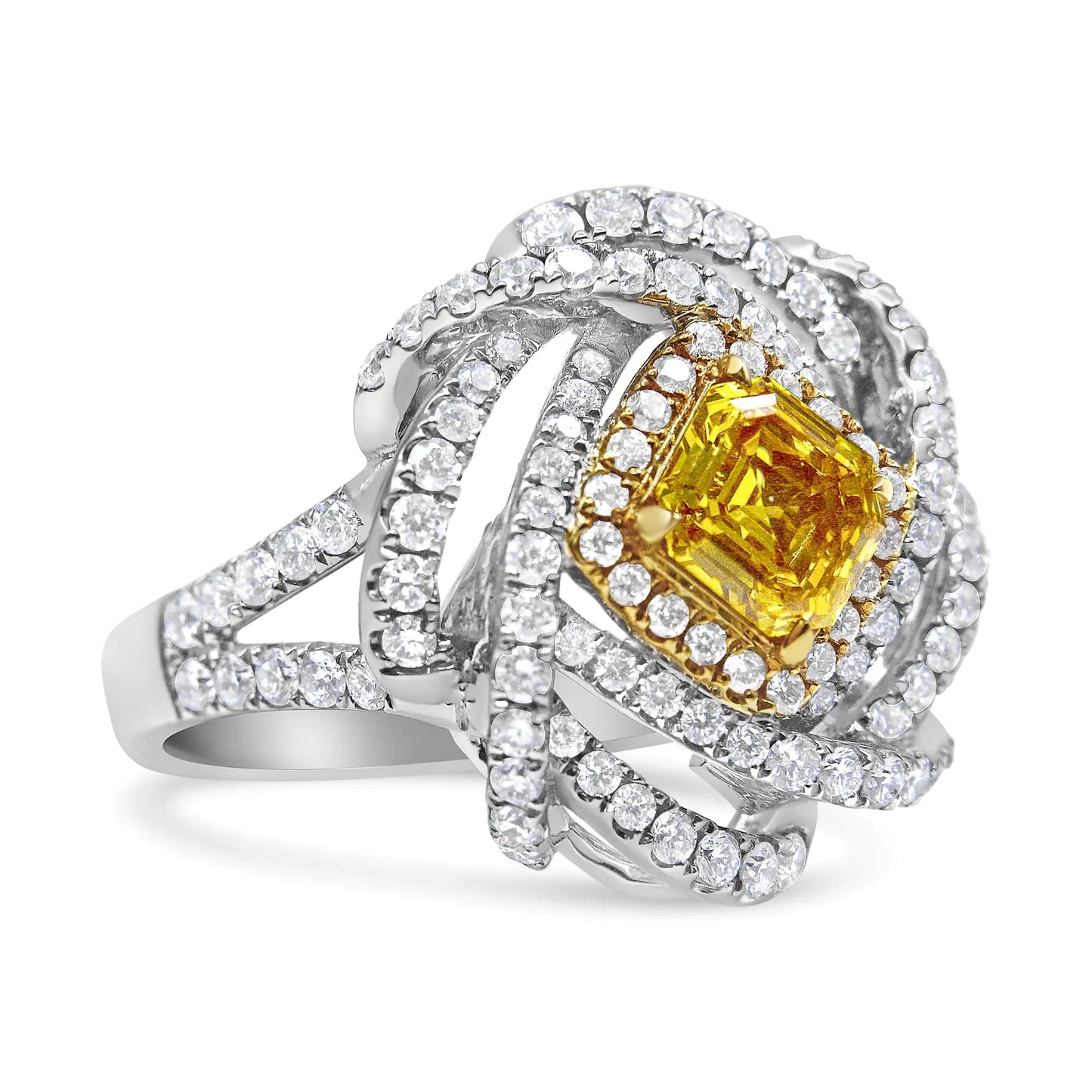 18K White and Yellow Gold 2 1/2 Cttw Yellow Asscher Lab Grown Center Diamond Cluster Swirl Ring (Yellow/G-H Color, VS1-VS2 Clarity)