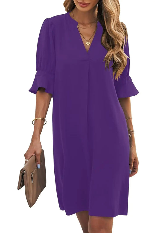 Vestido Wkior para mujer, cuello en V, manga corta, color liso, informal, fluido, de verano (S-2XL), talla mediana, B1-morado