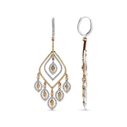 Aretes colgantes estilo candelabro con forma de rombo curvo de diamantes de 2 1/2 ct en oro blanco y rosa de 14 quilates (color JK, claridad I2-I3)