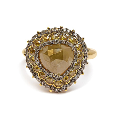 Anillo de cóctel de oro amarillo de 14 quilates con halo de diamantes blancos y talla rosa amarilla de 3,00 quilates (color amarillo/IJ, claridad I1-I2) - Talla 7