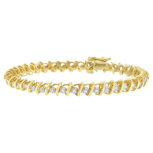 Pulsera de oro amarillo de 10 quilates con diamantes de talla redonda "S" (1,00 cts, color IJ, claridad I2-I3)