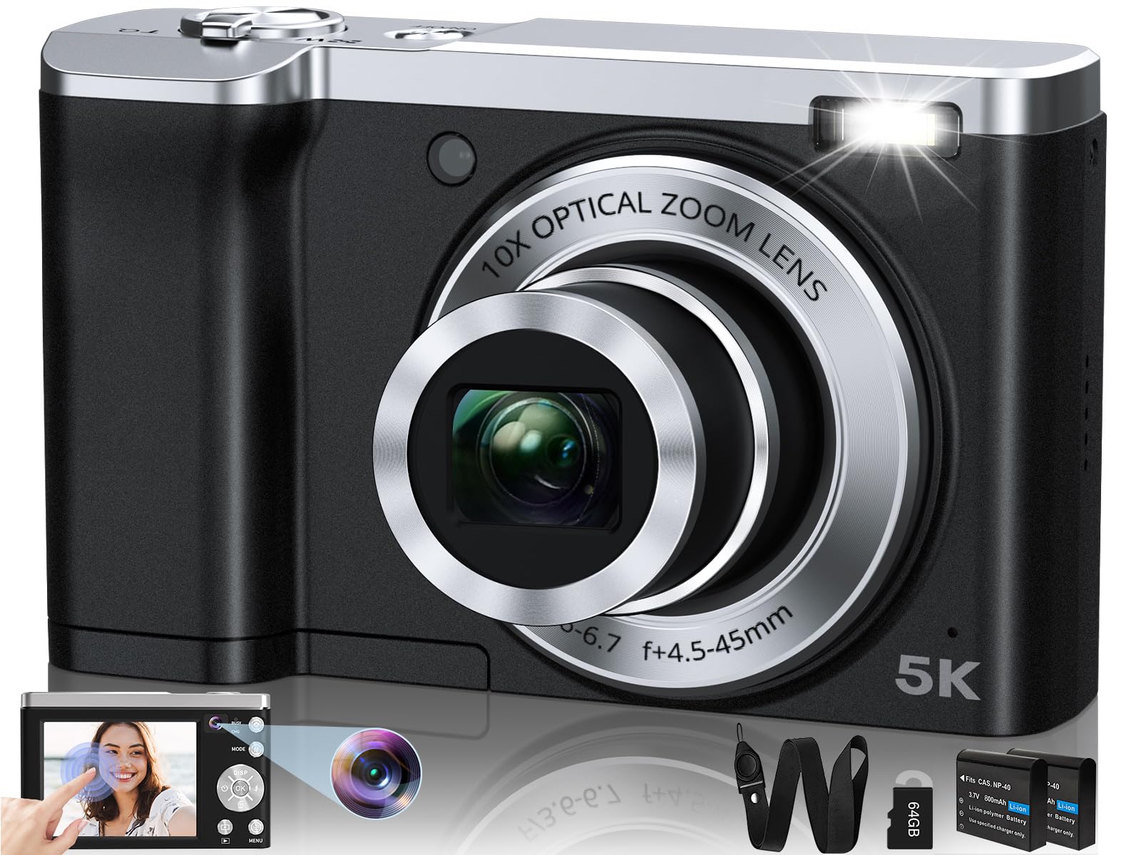5K Digitalkamera 56MP Kameraer til fotografering Autofokus 10x Optisk Zoom Vlogging Kompaktkamera med front- og bagkamera 6-akset Anti-Shake Touchskærm med 64GB SD-kort 2 Batterier | kompakt vloggingkamera