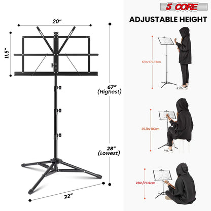 Soporte Musical 5Core para Partituras Portátil Tripé Ajustável e Dobrável Porta-Notas Preto Superior