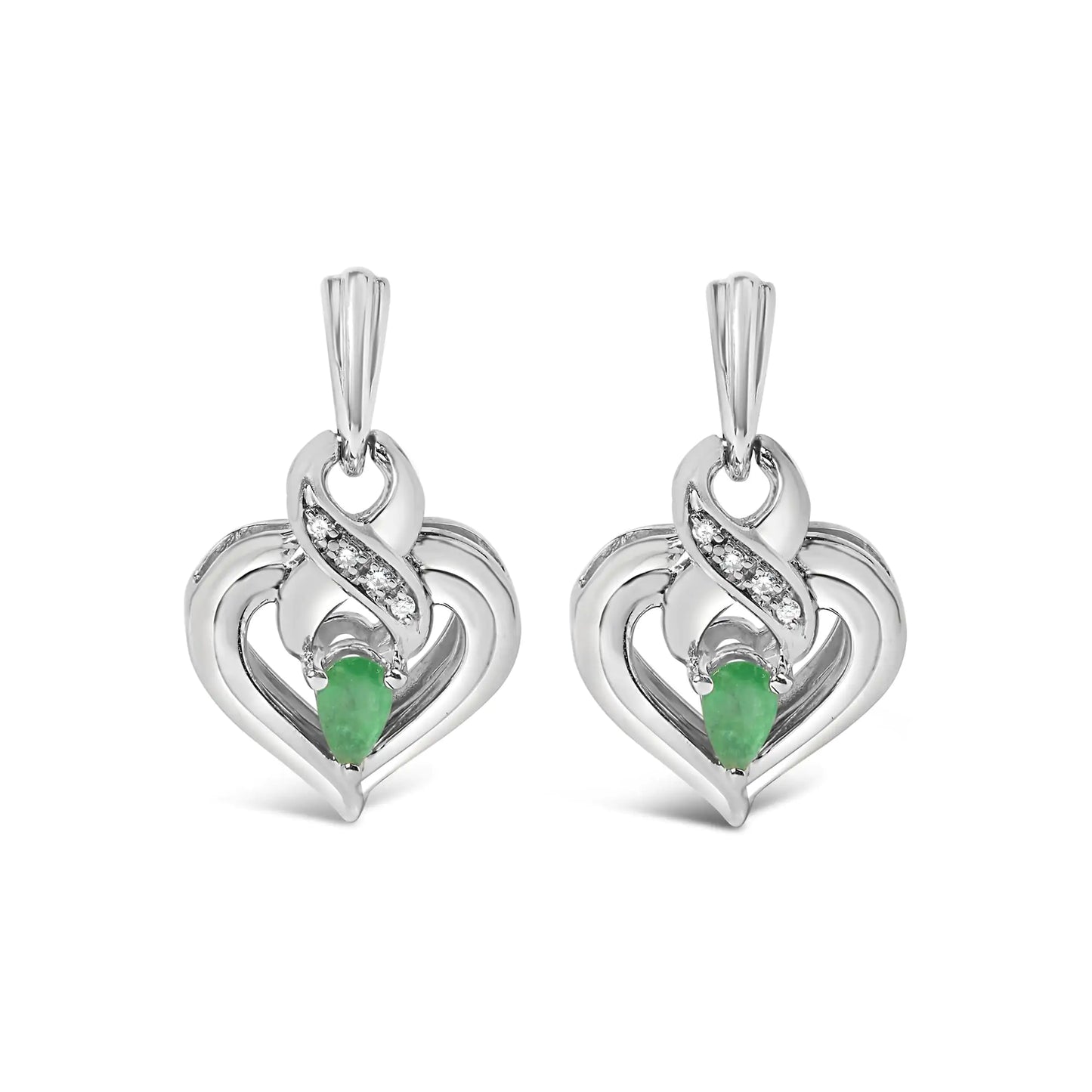 Pendientes colgantes de corazón con gema esmeralda en forma de pera de 5 x 3 mm y detalle de diamante en plata de ley 925 (color HI, claridad SI1-SI2)