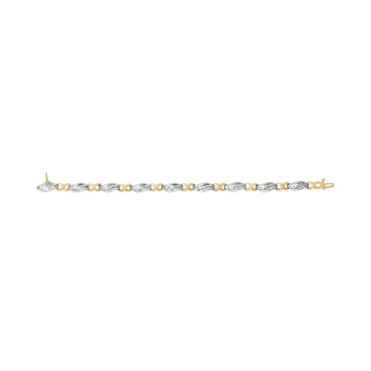 10K Two Tone Gold 1.00 Cttw Channel Set Baguette Diamond Chevron Wave Link 7" Bracelet (I-J Color, I2-I3 Clarity)