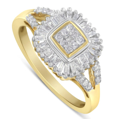 Anillo de bailarina de oro amarillo de 10 quilates con diamantes de talla baguette y redonda (1/2 ct, color IJ, claridad SI2-I1)