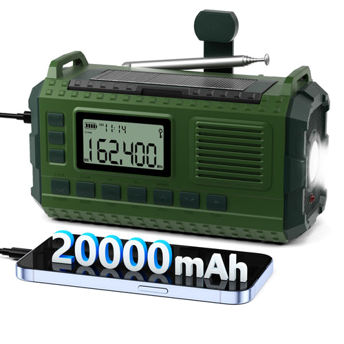 Vejrbestandig Nødradio med Håndsving og Solcelleopladning - AM/FM/NOAA, 20000mAh Power Bank | nødvejrradio
