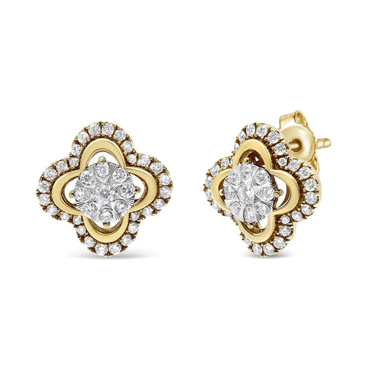 Aretes estilo vintage con halo de flor de lis en oro amarillo y blanco de 14 quilates y 1,00 quilates de diamantes (color HI, claridad SI2-I1)