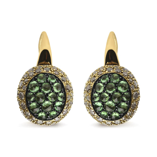 18K Yellow Gold 3 1/2 Cttw Diamond and Round Green Tsavorite Gemstone Round Domed Drop Hoop Earrings (Brown Color, SI1-SI2 Clarity)