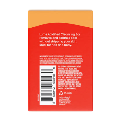 Barra limpiadora corporal acidificada Lume - Control de olores las 24 horas - Elimina el olor mejor que el jabón - Fórmula humectante - Formulada sin SLS ni parabenos - Desarrollada por ginecólogos - 5 onzas (Clear Tangerine)