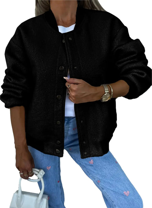 SHEWIN - Chaqueta bomber informal para mujer, con cuello alto y botones, abrigo de forro polar holgado, con bolsillos, talla pequeña, color negro