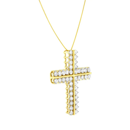 10K Yellow Gold 4.0 Cttw Diamond Two Row Cross 18" Pendant Necklace (J-K Clarity, I1-I2 Color)