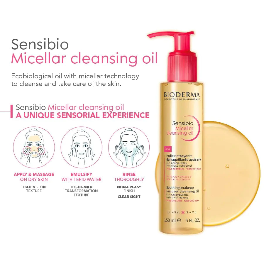 Bioderma Sensibio Micellar Cleansing Oil, 1st Ecobiological Micellar Oil Formula Cleanser som dyptrenser, beroliger og gir næring til huden med olje-til-melk-tekstur, parfymefri og skånsom mot huden