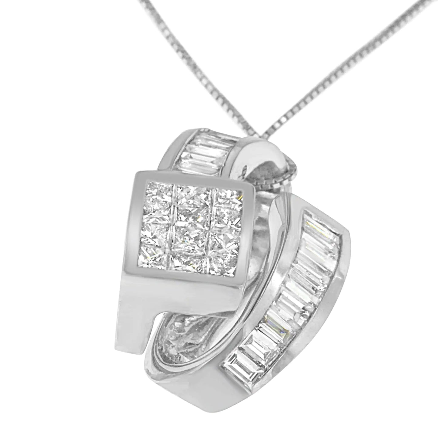 14K White Gold 2 cttw Princess and Baguette Cut Diamond Double Loop Pendant Necklace (G-H, VS1-VS2)