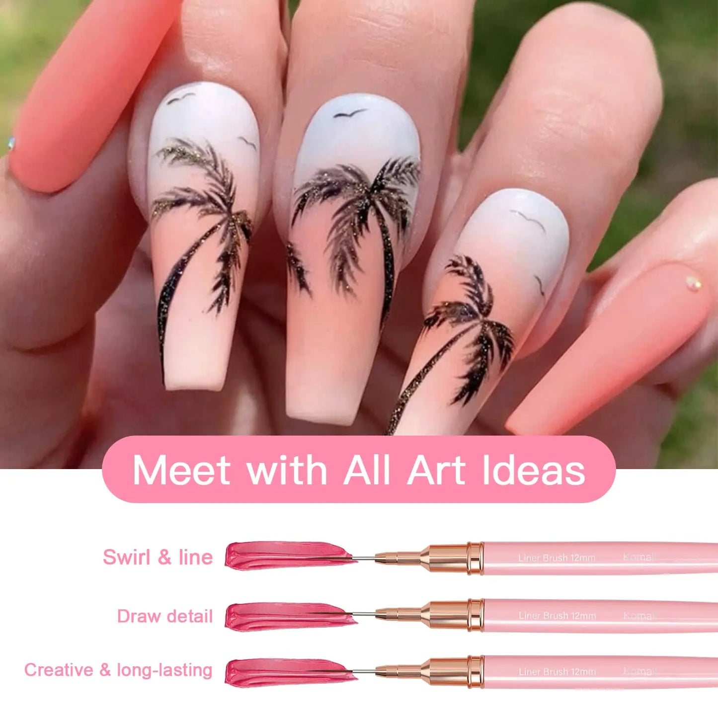 Nail Art Liner Brushes, 5Pcs Painting Nail Art Brush Set Nail Dotting Drawing Tool for Long Lines, Thin Details, Fine Drawing Sizes 4/8/12/20/25mm(Pink) Pink