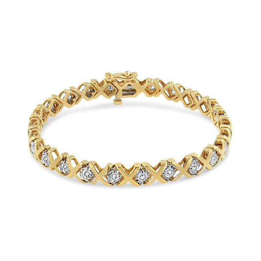 Pulsera de tenis de oro amarillo de 10 quilates con diamantes de talla redonda de 2,00 quilates y eslabones en forma de "X" (color IJ, claridad I3) - 18 cm