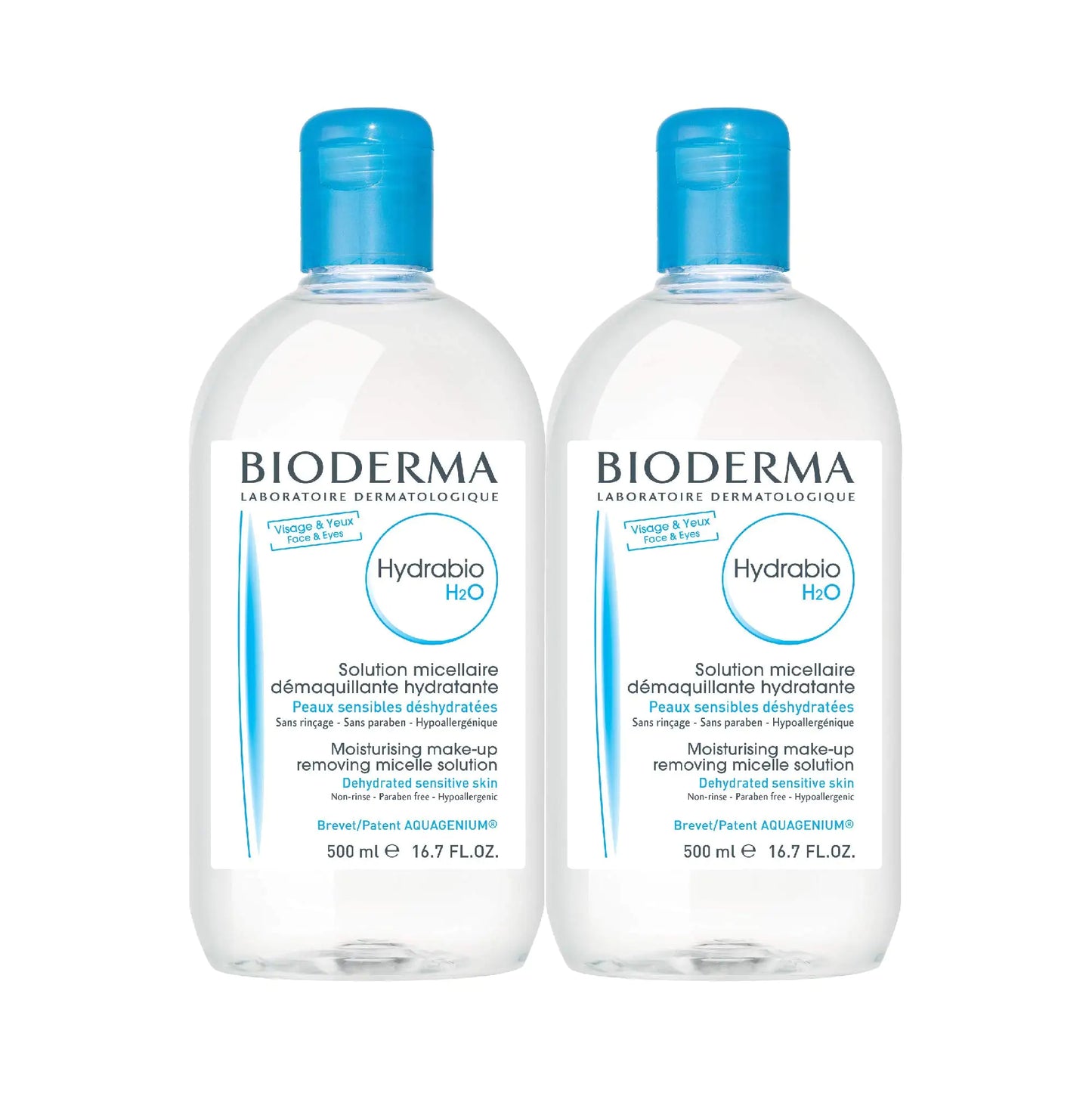 Bioderma - Hydrabio H2O Micellar Water - Ansiktsrens og makeupfjerner - Micellar rensevann for dehydrert sensitiv hud 33,4 Fl Oz (pakke med 1)