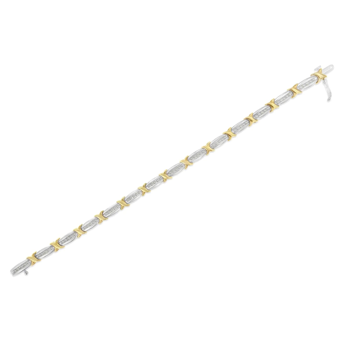 Pulsera de tenis de 18 cm (7"), bicolor, de oro amarillo de 10 quilates sobre plata de ley 0,925, con diamantes de 1,0 ct engastados en canal, de eslabones cónicos y X-Link (color HI, claridad I2-I3)