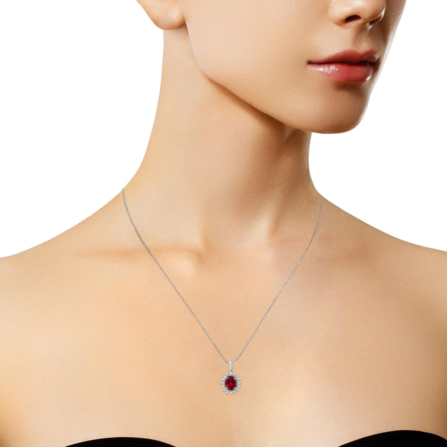 10K White Gold Created 9MM Ruby Gemstone and Natural Diamond Pendant Necklace (H-I Color, I1-I2 Clarity)