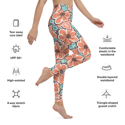 Leggings de yoga con estampado floral rojo tropical para mujer