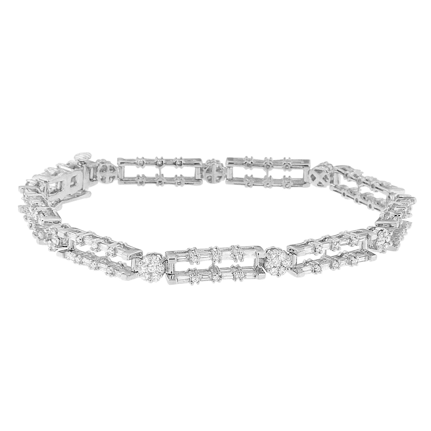 Pulsera de oro blanco de 14 quilates con diamantes redondos y talla baguette (2,75 cts, color HI, claridad SI1-SI2)