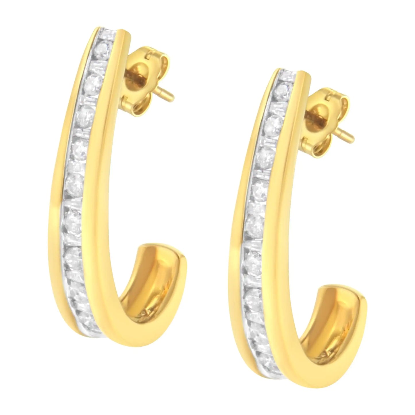 Aretes tipo aro en forma de J de oro amarillo de 10 quilates con diamantes engastados en canal de 1 ct (claridad alta, color I1-I2)