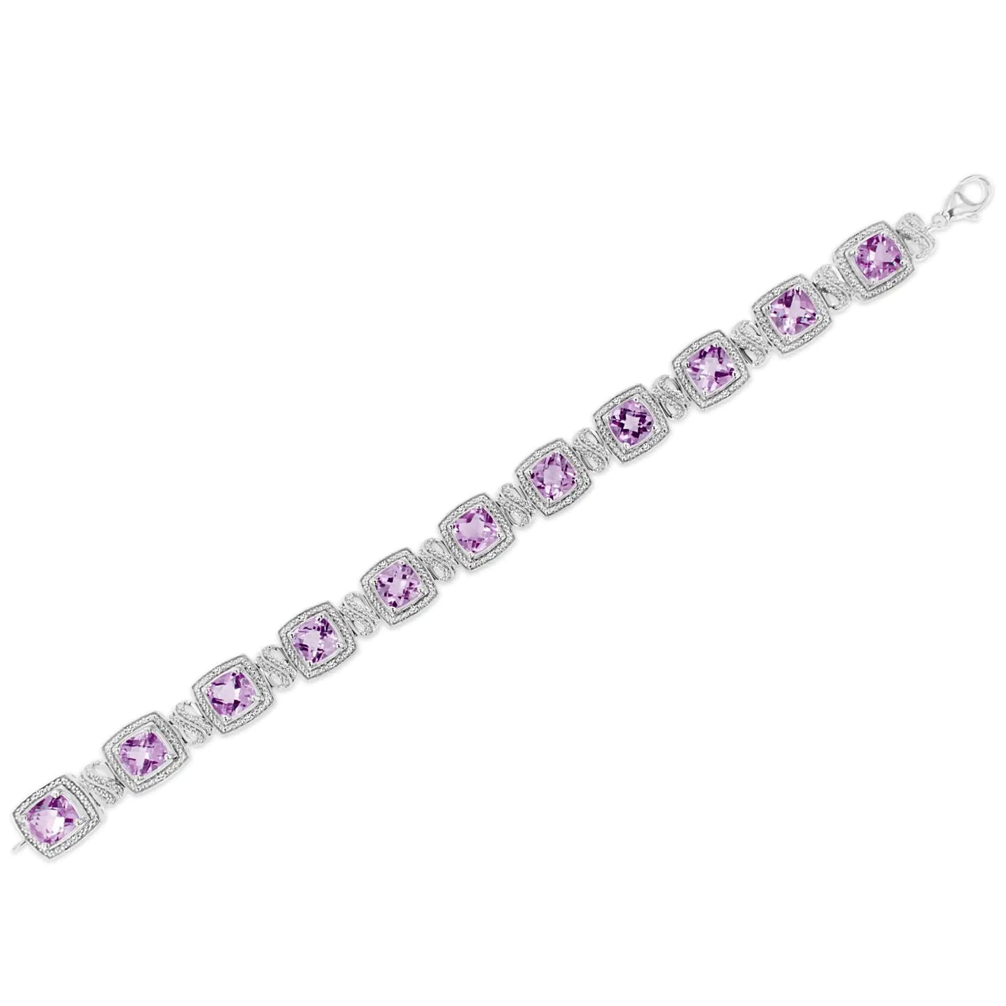 .925 Sterling Silver 7x7 mm Cushion Cut Purple Amethyst and 1/10 cttw Round Cut Diamond Square Shape Tennis Bracelet (I-J Color, I1-I2 Clarity) - 7"