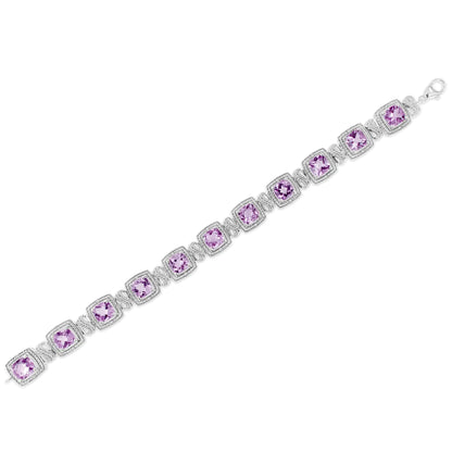 Pulsera de tenis de plata de ley 925 con amatista morada de talla cojín de 7 x 7 mm y diamante redondo de 1/10 ct (color IJ, claridad I1-I2) - 18 cm