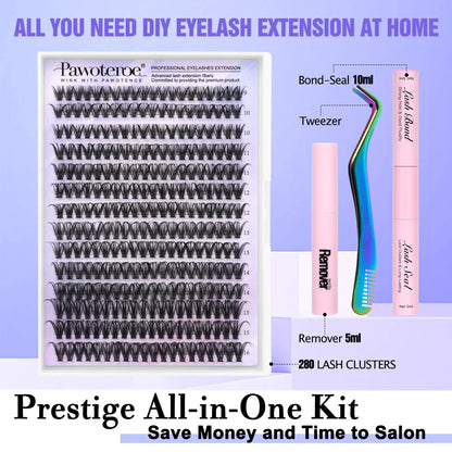 Pawotence Lash Extension Kit DIY 280stk Individuelle vippeklynger Kit 9-16mm 40D Cluster Vippeforlengelsessett med vippebinding og forsegling, vippefjerner, vippepinsett for selvbruk (40D, 9-16mm, alle sett) 40D KIT all prestisje