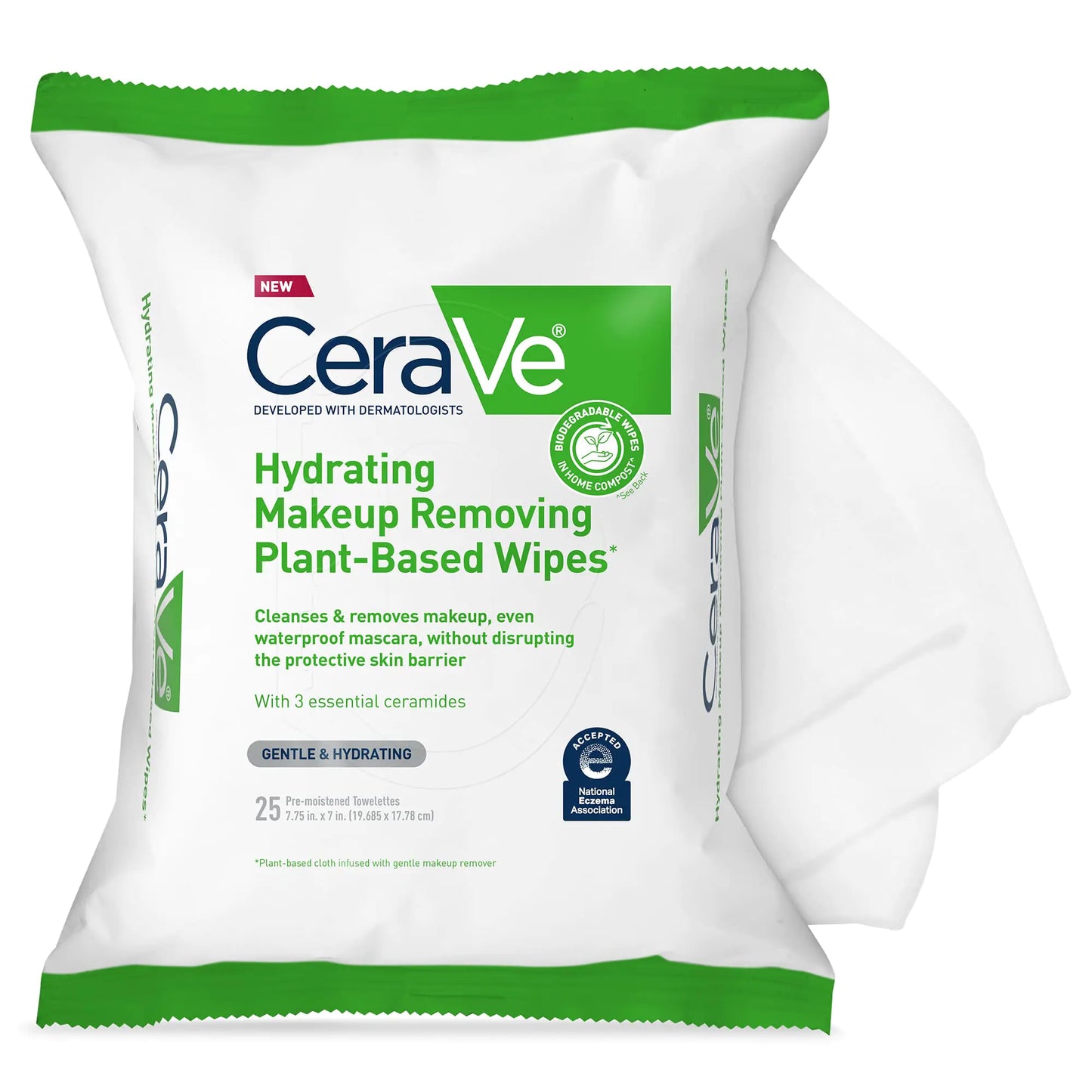 CeraVe Hydrating Facial Cleansing Makeup Remover Wipes| Plantebasert ansikt biologisk nedbrytbart i hjemmekompost| Vask klut| Egnet for sensitiv hud| Duftfri Ikke-komedogen| 25 Count, CeraVe Hydrating Face Wipes