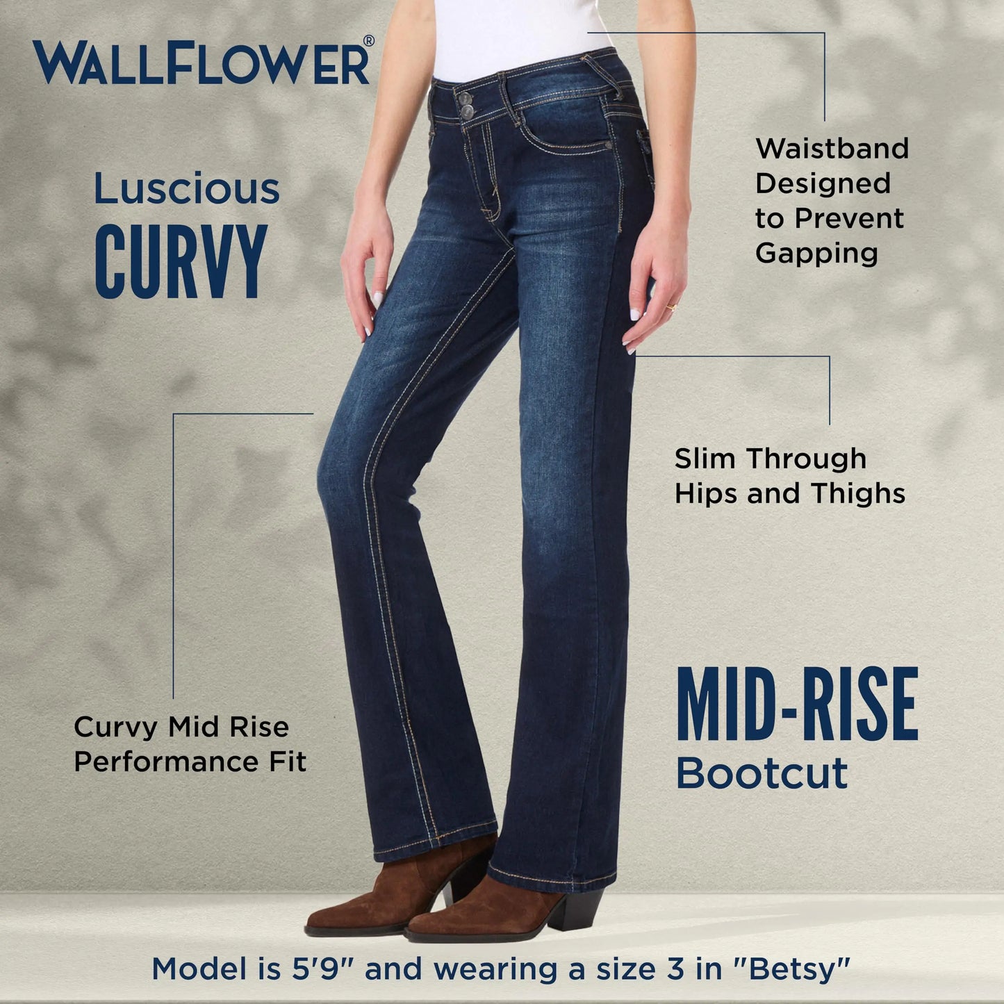 WallFlower Dame Luscious Curvy Bootcut Mid-Rise Insta Stretch Juniors Jeans Standard 5 Betsy