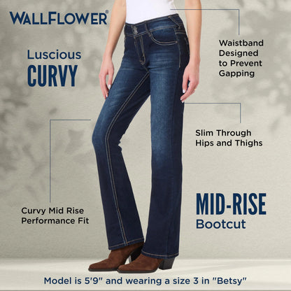 WallFlower Women's Luscious Curvy Bootcut Mid-Rise Insta Stretch Juniors Jeans Standard 5 Betsy